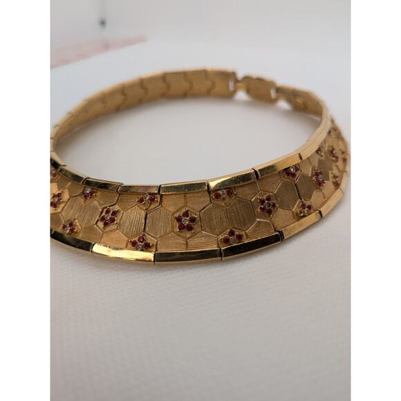 RARE! Vintage Gold BOUCHER Signed Red Rhinestone Flower Choker 16" & Extender - Picture 3 of 10